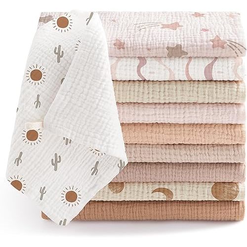 Bearmoss Pack of 10 Baby Muslin Wash Cloths Molleton Cloths 100% Cotton Soft Burp Cloths Baby, Breathable and Extremely Absorbent Muslin Cloth for Absorbent Muslin Cloths 25 x 25 cm (Pinkish Brown)