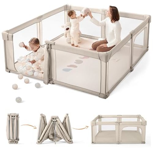Baby Playpen, 59x59 Inch Gate Foldable for Babies and Toddlers, Extra Large with Door Play Yard for Fence Indoor and Outdoor, Light Khaki