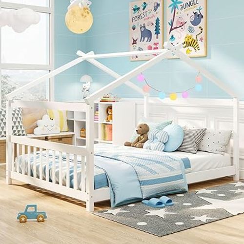 Giantex Full Size Floor Bed, Solid Wood Montessori House Bed with Roof, Headboard and Footboard, Low Full Bed Frame for Kids Teens Girls Boys, No Box Spring Needed, White