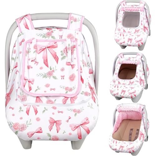 Car Seat Cover Baby Girls Winter, Dual Zipper Infant Carseat Covers with Breathable Mesh, Universal & Warm Protection Canopy Snug Fit Baby Carseats & Strollers, Pink Rose