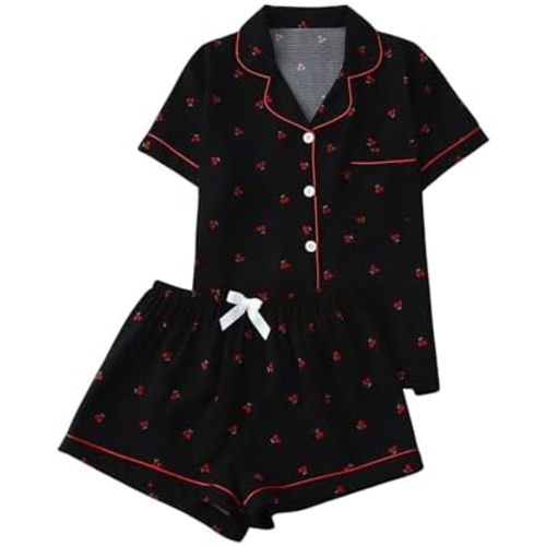 Verdusa Pajamas For Women Set 2 Piece Summer Pajama Sets Cute Pjs Lounge Matching Button Shirt with Shorts