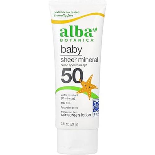 Alba Botanica Baby Sunscreen for Face and Body, Sheer Mineral Sunscreen Lotion, Broad Spectrum SPF 50, Water Resistant and Fragrance-Free, 3 Fl Oz (Packaging May Vary)