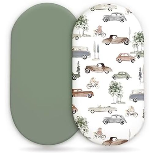 GRSSDER Stretchy Ultra Soft Fitted Bassinet Sheet Set 2 Pack, Universal Fit for Bassinets Baby Cradle Moses Basket Oval Rectangle Mattress Safe and Snug, Stylish Bassinet Sheets of Cars Print for Boys