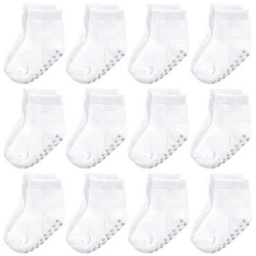 Touched by Nature Baby and Toddler Organic Cotton Blend Socks with Non-Skid Gripper for Fall Resistance, White, 6-12 Months