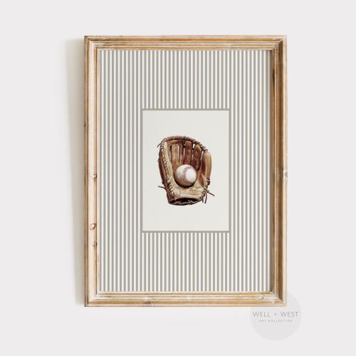 Baseball Glove Print | Vintage Style Baseball Art | Neutral Nursery Sports Decor | Boys Room Stripes Printable Art | Baseball Gift | P569