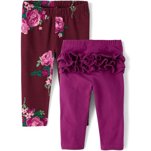 The Children's Place,Baby Girls,and Newborn Knit Pull On Pants,Floral/Fuschia Ruffle 2-Pack,Preemie