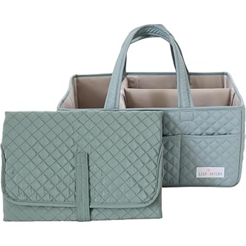 Lily Miles Quilted Diaper Caddy Organizer with Matching Changing Pad - Willow Green