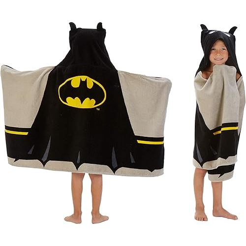Batman Kids Bath/Pool/Beach Super Soft Cotton Terry Hooded Towel Wrap, 24" x 50", By Franco