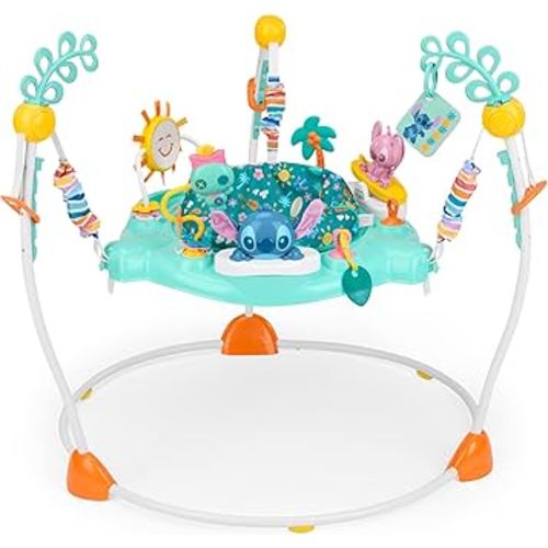Bright Starts Disney Stitch Little Ohana Baby Activity Jumper with Interactive Toys, Lights & Music with Stitch, Angel & Scrump, 6-12 Months (Blue)
