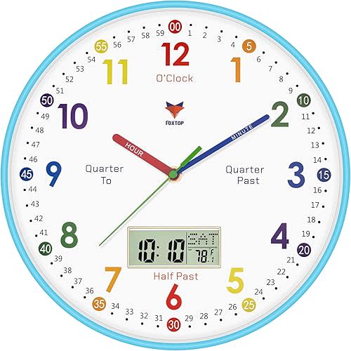 Foxtop Digital and Analog Learning Clock for Kids - Telling Time Teaching Clock 12 Inch Silent Non-Ticking Battery Operated Kids Wall Clock for Kids Room Playroom Nursery Classroom School (Blue)