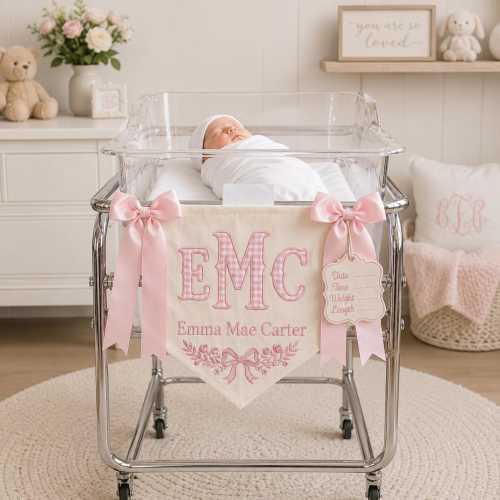 Custom Embroidered Monogram Applique Baby Banner, Monogram Hospital Sign, Birth Stats Tag, Baby Flag Girl Nursery Decor, Newborn Name Sign
