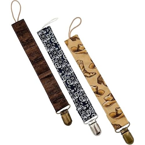 Western Cowboy Pack Of 3 Fabric Pacifier Clip Holder for Infant Baby Boy And Girl, Universal Fit for Binky, Soothers and Teethers