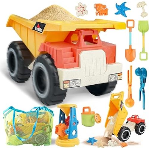 SMILESSKIDDO Beach Toys - Beach Dump Truck, Kids Sand Set with Sand Truck, Water Bucket, Shovel, Molds & Mesh Bag, 12Pcs Sandbox Toys for Toddlers
