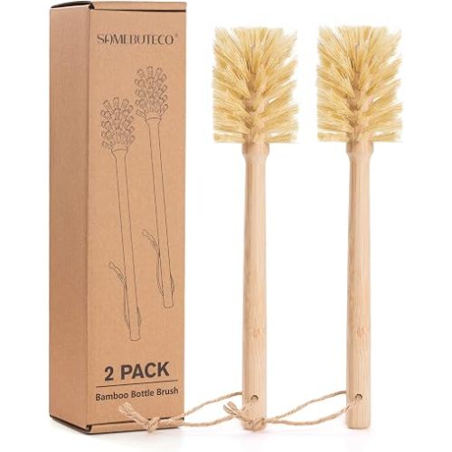 SAMEBUTECO Natural Bamboo Cup Cleaning Brush Set of 2 – 11.3 Inch Sisal Bristle Bottle Brush with Flat Head Design, Wooden Handle with Hanging Hole & Rope for Cups, Mugs, Glasses, Water Bottles