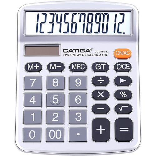 CATIGA 12 Digits Desktop Calculator with Large LCD Display, Dual Solar Power and Battery, Standard Function for Office, Home, School, CD-2786