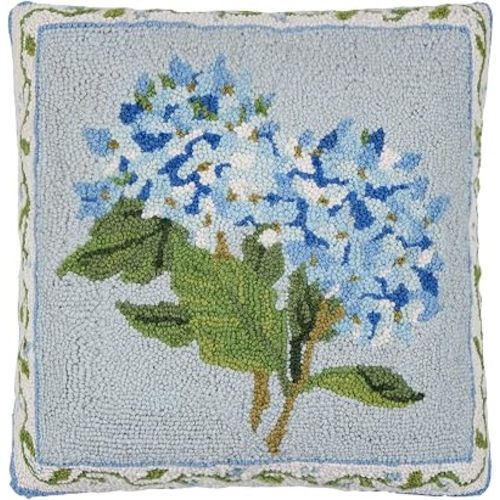 Peking Handicraft Blue Hydrangea 18" Square Hooked Wool Throw Pillow