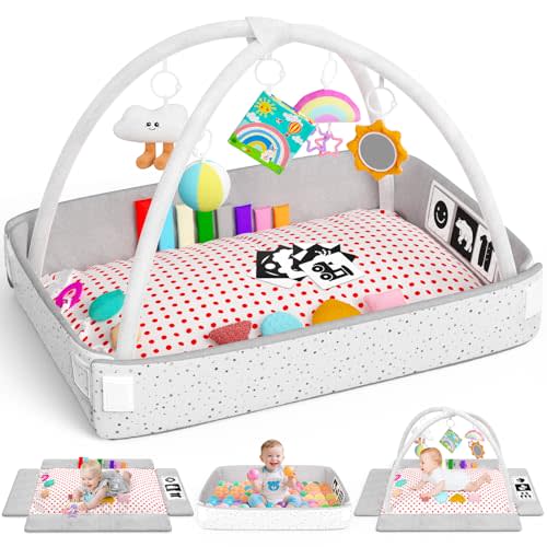 Baby Play Gym Mat Tummy Time Mat with 5 Detachable Items Baby Essentials | Babies Activity Center, Newborn Infant Boy Girl Gifts, Babies 0-3-6-9-12 Months, Newborn Essentials Must Haves