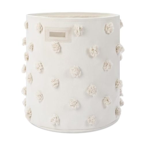 Beige 17.5" D x 20.8" H Pom Pom Basket Bin Large Cotton Canvas Laundry Hamper Baby Girl Laundry Basket Storage, Baby Nursery Hamper for Nursery Playroom Home Room Organizer Decor