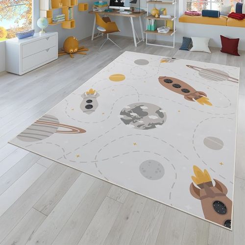 Paco Home Kids Rug Space Play Mat with Rockets Planets and Stars in Cream, Size: 6'7" Round