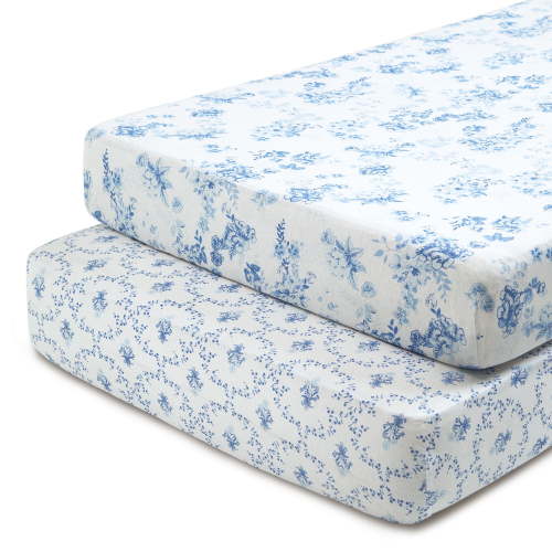 Delta Children Fitted Crib Sheets for Girls and Boys - 100% Organic Cotton Crib Sheet for Standard Crib and Toddler Mattresses - 28x52 Inch - GOTS Certified (Pack of 2), Blue Botanicals