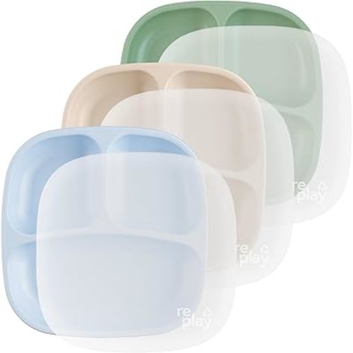 Re-Play Divided Toddler Plates Set of 3 - Deep-Walled 3 Compartment Kids Plates for Picky Eaters - Dishwasher & Microwave Safe - BPA-Free - Made in USA, Beach Baby