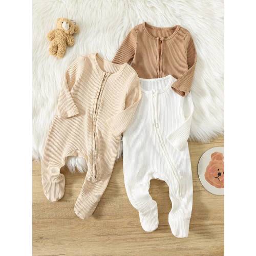 3pcs/Set Newborn Baby Boy Minimalist Comfortable Long Sleeve Round Neck Zipper Front Soft Knit Jumpsuit Fall Winter | SHEIN USA