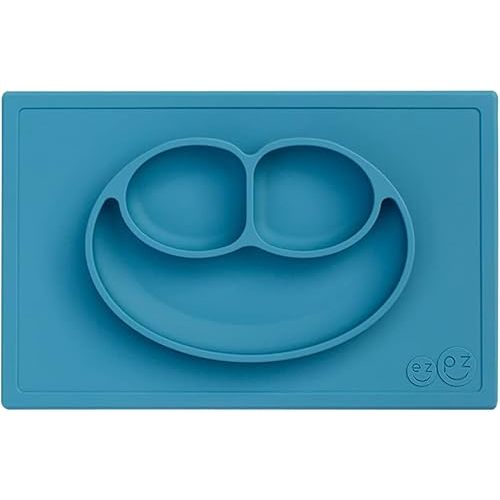 ezpz Happy Mat (Blue) - 24 Months+ - 100% Silicone Suction Placemat + Divided Plate with Three Compartments - Toddler + Preschool Essentials