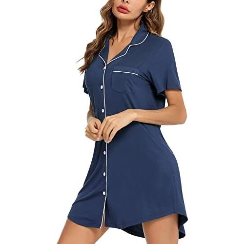 Samring Pajama Nightgown for Women Short/Long Sleeve Button Down Nightwear Top Boyfriend Sleep Shirts Nightdress S-XXL