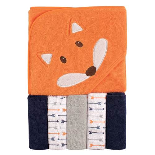 Luvable Friends Baby Boy Hooded Towel with Five Washcloths, Boy Fox, One Size - Boy Fox - One Size