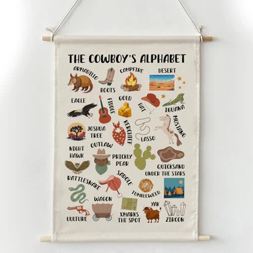 Cowboy Nursery Hanger Frame Wall Art, the Cowboy's Alphabet Western Poster 16x12 Inch Wall Art for Home Bedroom Playroom Nursery Decor, Wild West Kid Signs Framed Artwork Western Decor