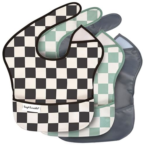 Tiny Twinkle Mess-Proof Baby Bibs for Eating | Waterproof, Wipeable Toddler Bibs with Catch-All Pocket | Feeding Bibs for Girls & Boys(3 Pack,Checkers Boy)