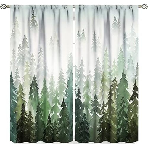 Nature Forest Curtains, Misty Forest Nature Curtains Green Watercolor Woodland Pine Tree Mountain Window Drapes for Living Room Bedroom 42" x 45"