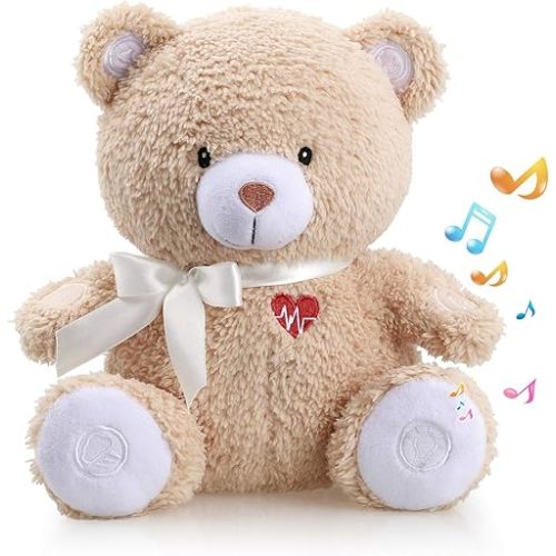 BEREST Baby Cry Activated Sleeping Aid Soother, White Noise Machine Infant Stuffed Animal Baby Gifts Bear Toy with Nursery Decor Night Light, Womb Heartbeat, 9 Soothing Sounds for Toddler Crib
