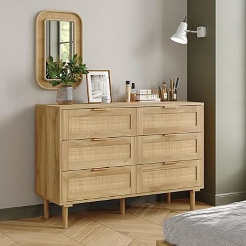 Furniouse 6 Drawer Rattan Dresser for Bedroom Wood Boho Dressers with Solid-Wood Legs & Natural Real Rattan Drawer, Modern Chest of Drawers Beside Table for Bedroom, Living Room