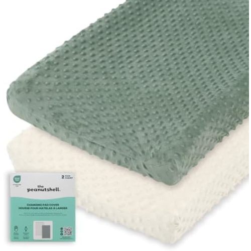 The Peanutshell Minky Dot Diaper Changing Pad Cover - Ultra Soft Baby Mat Cover for Boys & Girls, Fits 16” x 32” Changing Table Pads - Sage, 2 Pack
