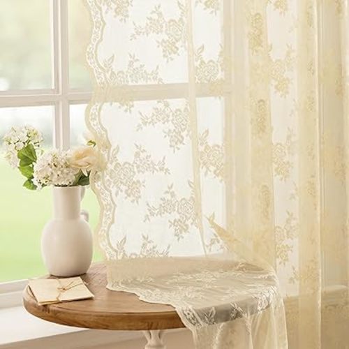 MEETSKY Light Yellow Lace Curtains 63 Inch Length, Yellow Cream Lace Curtain Vintage Victorian French Light Filtering Lacy Drapes for Living Room Bedroom, Each 50" Wx63 L, 2 Panels