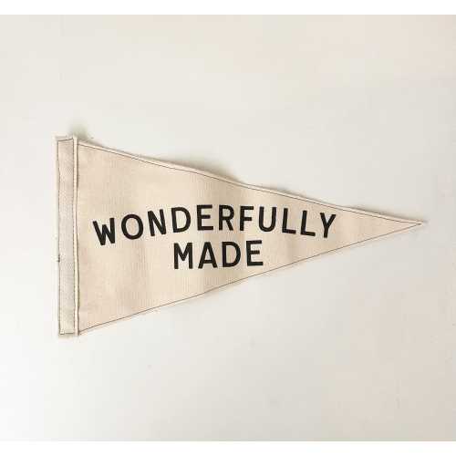Wonderfully Made Pennant Flag – Minimal Canvas Banner, Neutral Nursery Decor