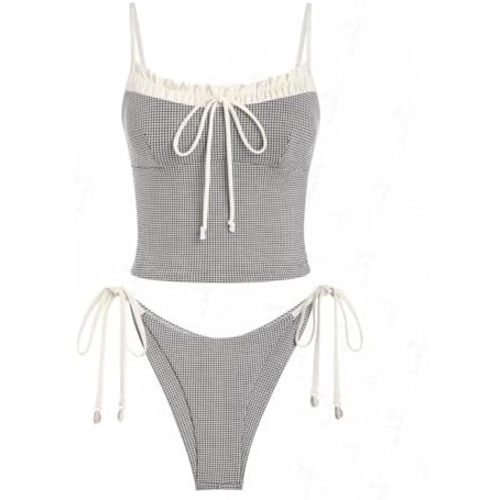 seamoly Gingham Cinched Back Bow Decor Tie Side Tankini Set