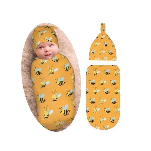 Cute Bee Baby Stuff Newborn Swaddle Blanket with Beanie Set, Soft and Stretchy Baby Blanket Swaddle Sack for Boy and Girl