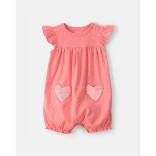 Baby Girl Heart Pocket Short-Sleeve Romper - Coral | Carter's