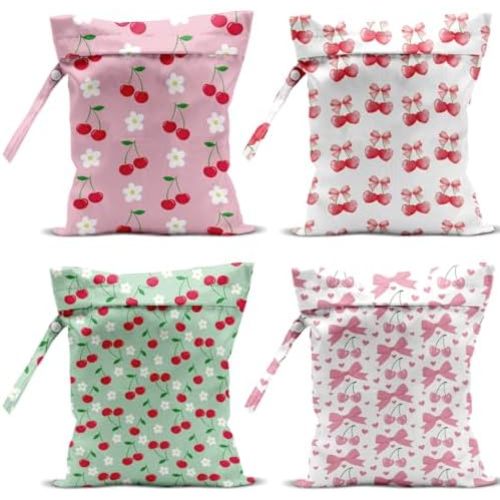 4 Pack Cute Flower Bow Cherry Wet Bag Waterproof Washable Reusable Wet Dry Bag for Swimsuit Bathing Clothes Soiled Items Cloth Diaper Travel BeachYoga Gym Toiletries Travel Beach Essentials