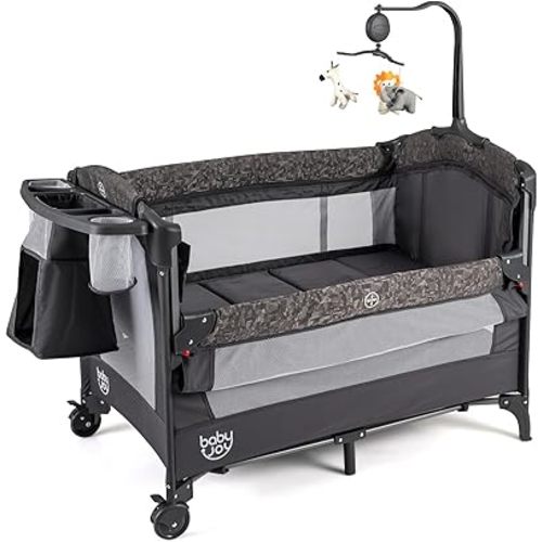 BABY JOY 5-in-1 Pack and Play, Baby Bedside Sleeper with Bassinet, Portable Baby Playard with U-Shaped Diaper Changer, Safety Strap, Multifunction Baby Bassinet Bedside Crib from Newborn to Toddlers