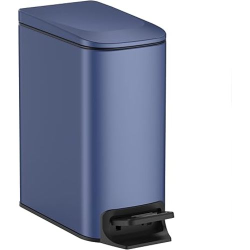 TIPGO Slim Bathroom Trash Can with Lid Soft Close, Step Pedal, 6 Liter / 1.6 Gallon Stainless Steel Trash Bin, Small Garbage Can for Bedroom, Office, Kitchen (Navy Blue)