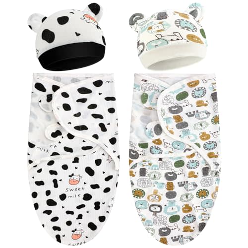VitalCozy 2 Pack Preemie Baby Swaddle Blanket Wrap with Hat 3-7 Lbs Preemie Hat Newborn Receiving Blanket Wrap for Boy Girl(Animals, Cow)