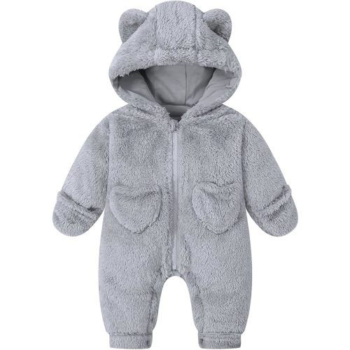 Toddler Winter Snow Suits Baby Snowsuits Infant Fleece Newborn Clothes | 0-3-6-9-12 Months Girl Boy Bear Hoodie Romper Jumpsuit Autumn Onesie Black Pink Blue Gray Warmth Pocket 1T Hooded Thick