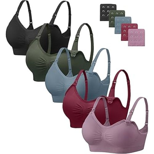 Angelhood Nursing Bra 5 Pack Womens Maternity Breastfeeding Bra Seamless Wireless Sleep Bra with Bra Extenders