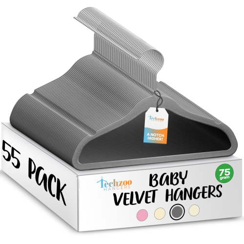 Techzoo Premium Baby Velvet Hangers 55 Pack – 11.8" Non Slip Felt Cloth Hangers for Closet – Ultra Slim, Space Saving Baby Clothes Hangers with 360° Swivel Hook Infant Hangers – Gray