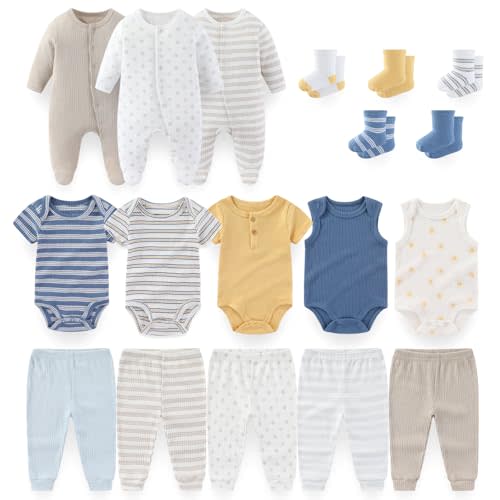 falianni Unisex Baby 18-Piece Layette Set,New Born Clothing,0-12M | 18‑Pack Infant Boys & Girls Outfits,Bodysuits,Pants,Footed Rompers,Hats,Socks,Snap Closure,Short & Long Sleeves Neutral