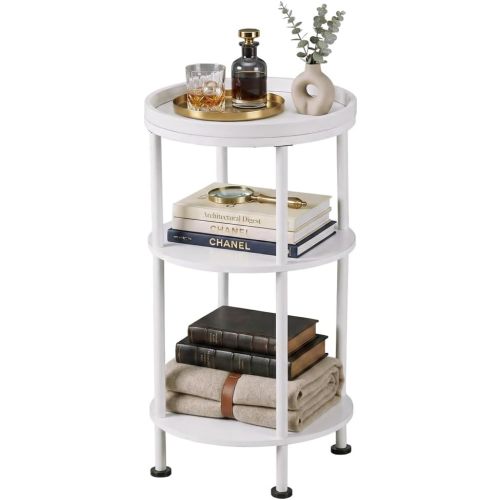 Small White Side Table, Round End Table with Wood Grain Texture, 3-Tier Farmhouse Nightstand for Bedroom & Living Room, 21.7" H Cute Accent Table for Nursery, Bathroom, Small Spaces (Classic, White)