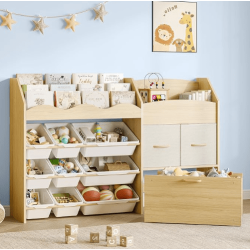 EXPERLAM Kids Toy Storage Organizer, Scalloped Shelf, 9 Bins, Toy Chest | 5-in-1 scalloped book display with solid pine storage zones for independent reading, toy sorting and playroom organization